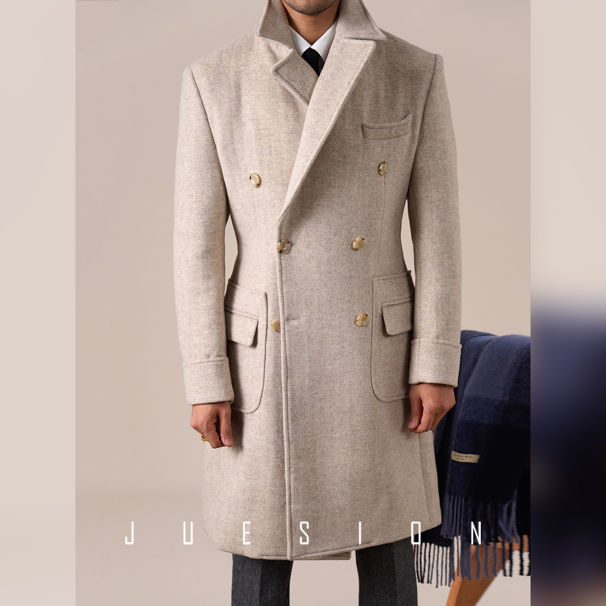 【双面呢羊毛混纺】JUESION 阿尔斯特领毛呢大衣男双排扣厚款外套,男装,毛呢大衣,淘宝优惠券,粉丝福利购,淘宝优惠卷