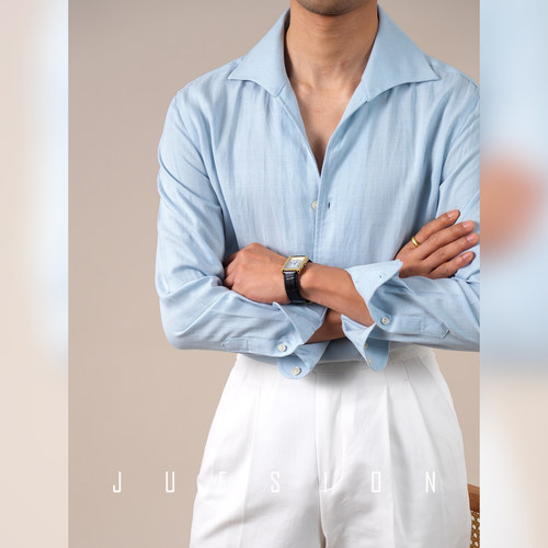 JUESION 意式一片领天丝长袖衬衫男高级感商务休闲春夏季透气衬衣
