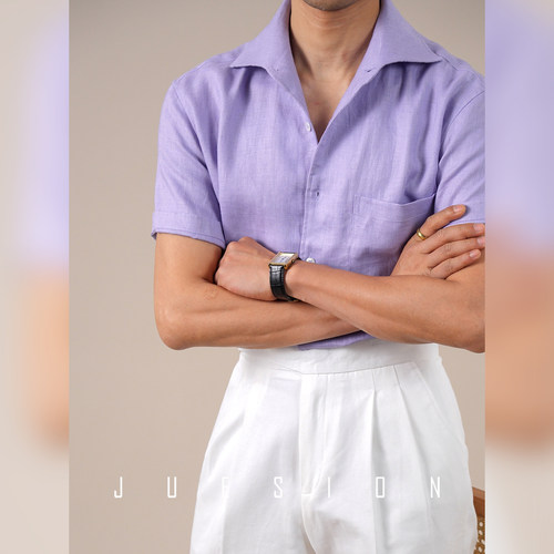 【100%亚麻】JUESION 意式一片领衬衫男短袖夏季薄款商务休闲衬衣