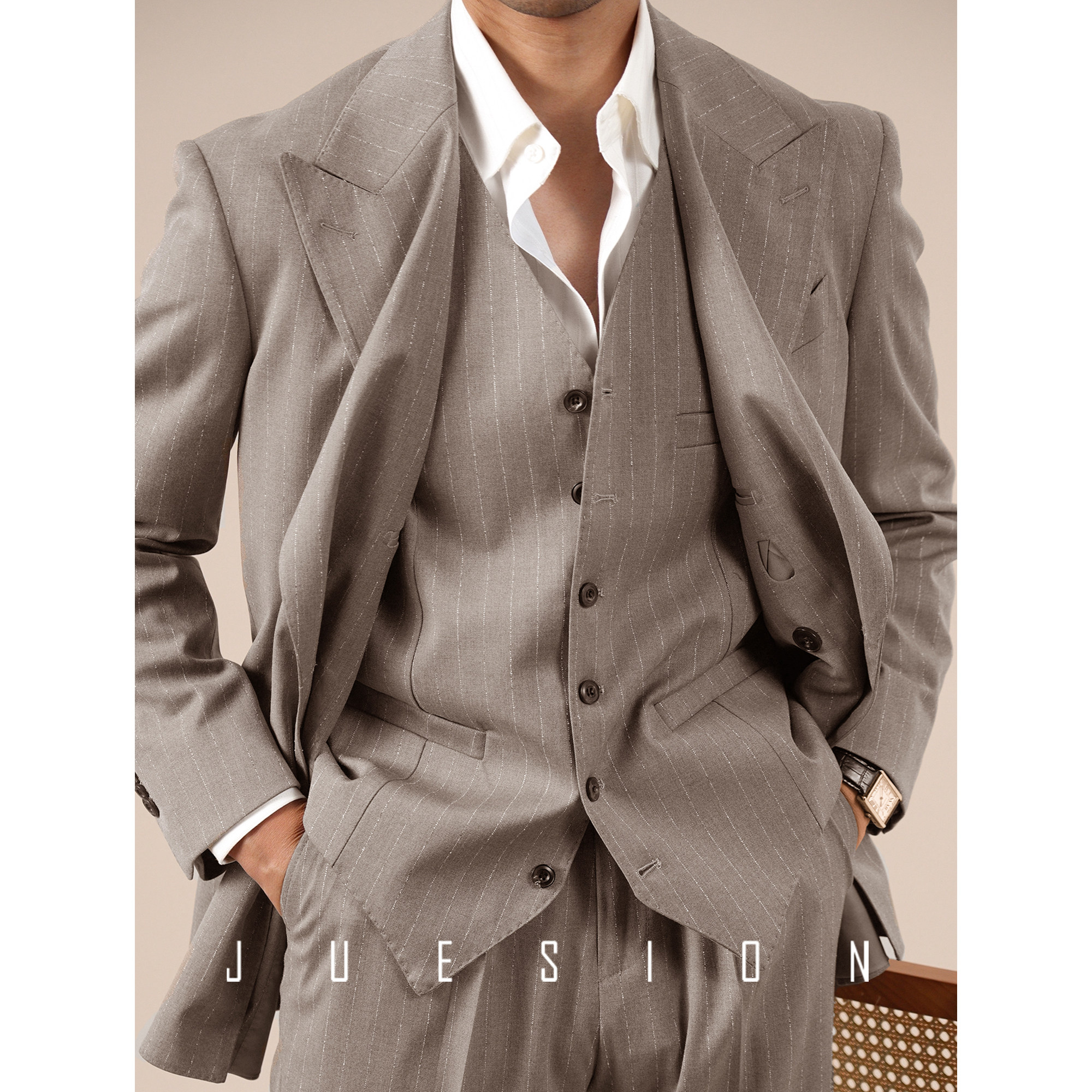 JUESION 双排扣条纹西服套装男商务宴会装礼服三件套马甲西装外套