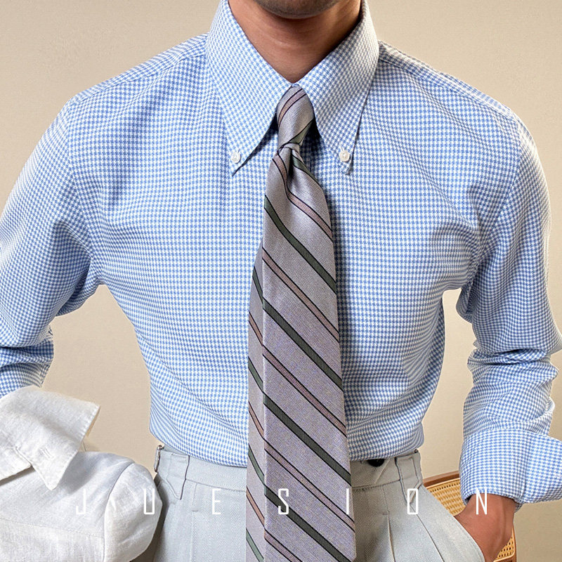 JUESION 意式尖扣领长袖衬衫春季新款千鸟格子休闲商务修身衬衣男