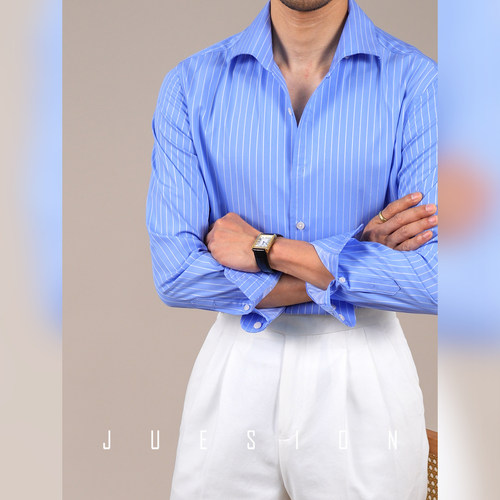 JUESION 意式一片领条纹衬衫男长袖透气免熨高级商务休闲通勤衬衣