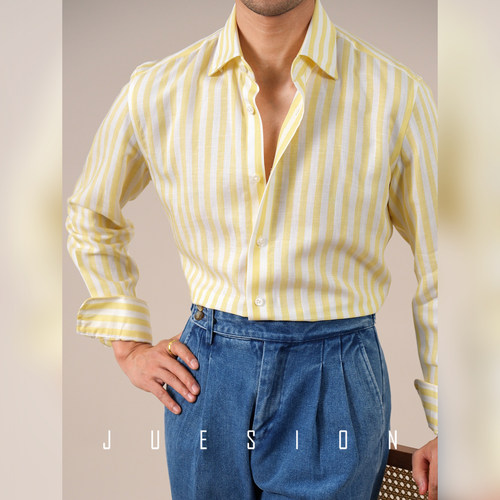 JUESION 夏季透气八字领衬衫男长袖条纹商务休闲亚麻混纺轻薄衬衣