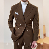 秋冬款 JUESION 外套 男戗驳领休闲商务正装 西装 意式 双排扣西服套装