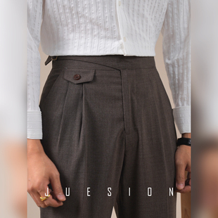 长裤 男双褶直筒高腰系扣高级垂感商务西装 复古廓尔喀西裤 JUESION