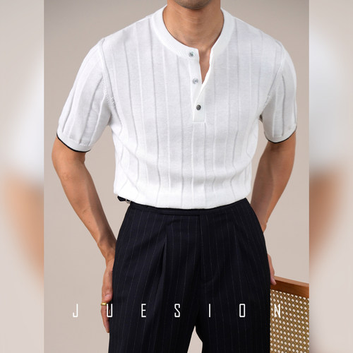 JUESION 棉麻短袖T恤男拼接夏季亨利领针织坑条商务休闲百搭上衣