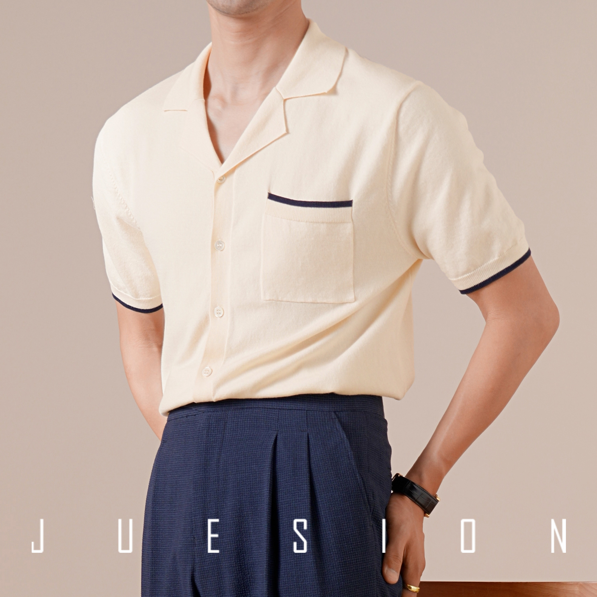 夏季轻薄款天丝棉古巴领针织衬衫