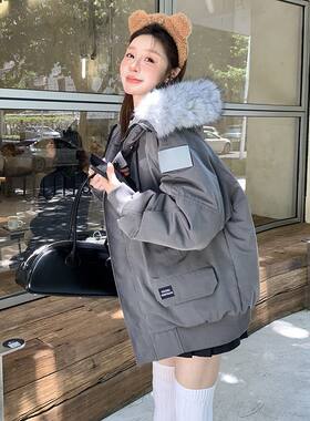 韩版羽绒棉服女装2026新款工装连帽派克服加厚棉衣宽松大毛领外套