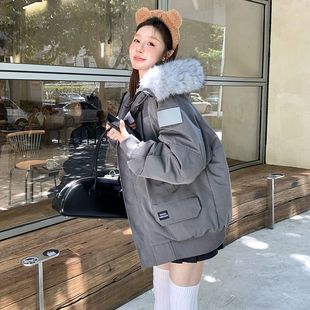 工装 2025新款 连帽派克服加厚棉衣宽松大毛领外套 羽绒棉服女装 韩版