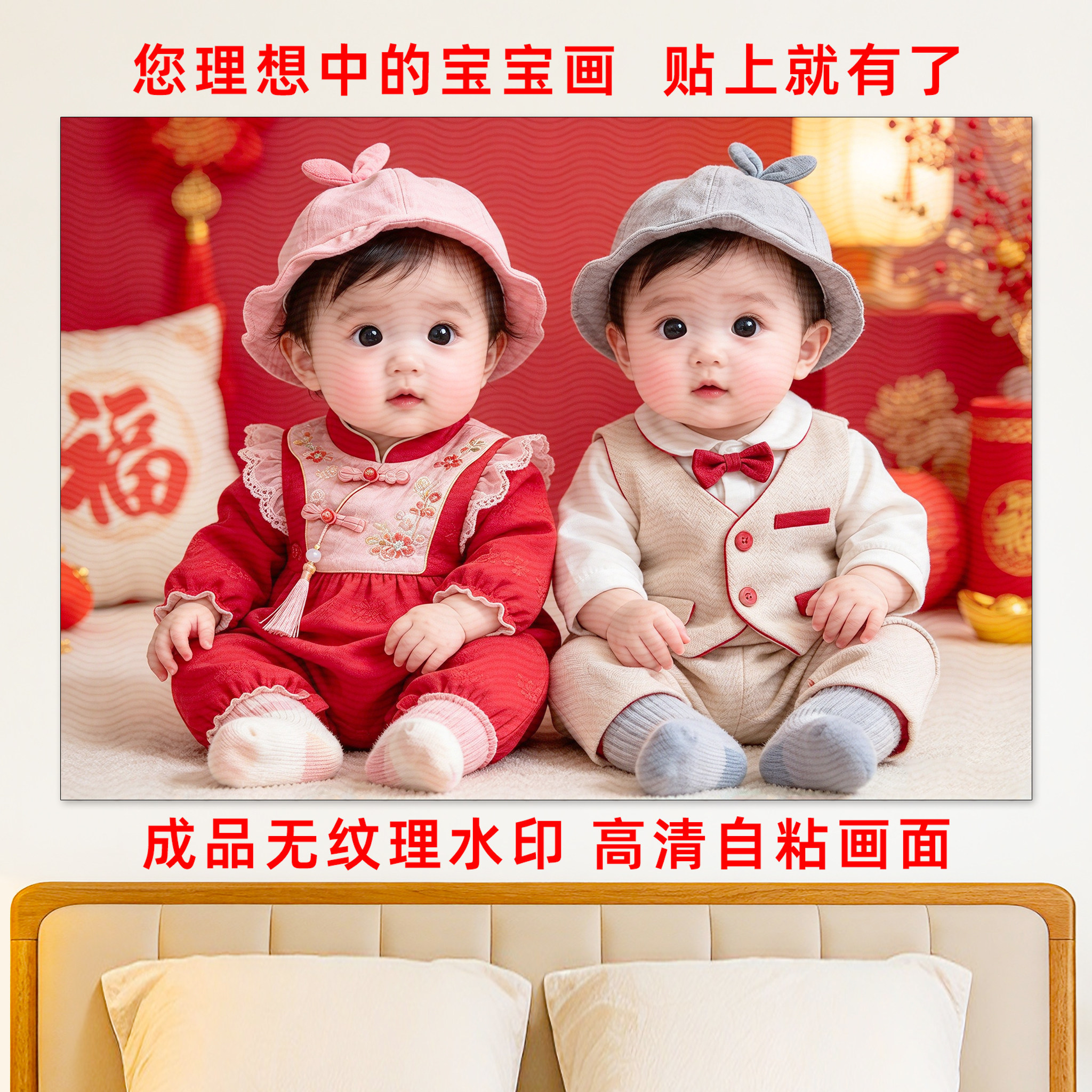 备孕宝宝贴画可爱婴儿胎教龙凤胎娃娃海报婚房床头送子图自粘年画
