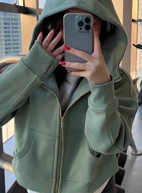 Scub厚款宽松全拉链连帽加绒卫衣短款运动休闲秋冬款保暖女士外套