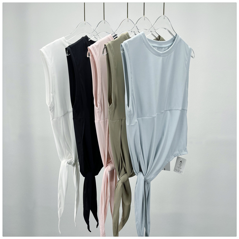 2024运动无袖条纹轻薄透气宽松侧开衩打打结上衣瑜伽背心女