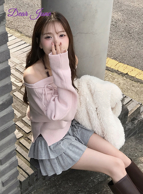 DearJune 韩国博主同款甜美风一字肩绑带开叉设计感上衣显白收腰