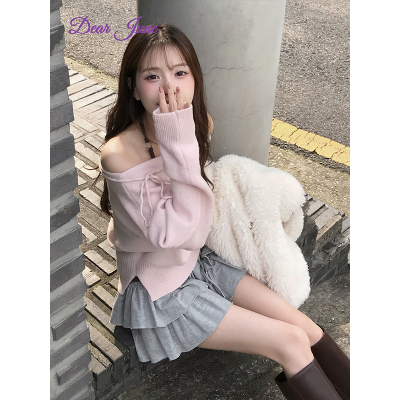 DearJune 韩国博主同款甜美风一字肩绑带开叉设计感上衣显白收腰