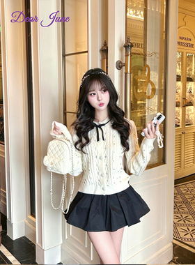 DearJune 韩系千金温柔感小香风烫钻收腰针织开衫蝴蝶结气质甜美
