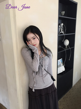 DearJune 韩版甜美风花边方领系带围脖针织上衣温柔气质减龄少女