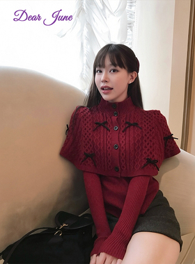 DearJune 韩版约会聚会穿搭针织斗篷蝴蝶结毛衣上衣氛围感减龄ins
