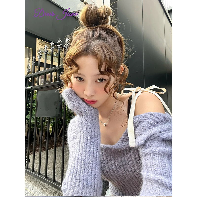 DearJune韩系秋冬新款纯欲风性感辣妹紫色针织衫女上衣