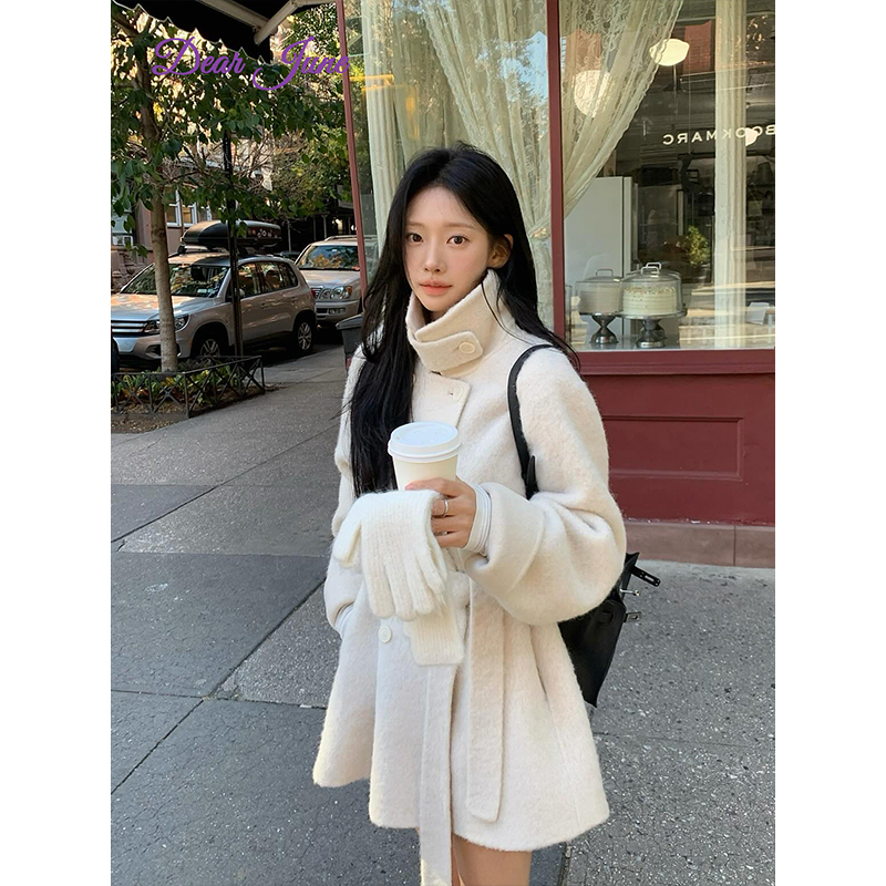 DearJune 韩版日常温柔穿搭立领毛呢大衣外套中长款保暖时尚气质