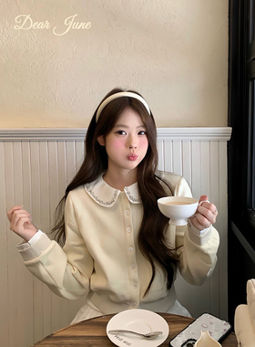 DearJune 韩国博主同款甜美约会穿搭娃娃领上衣钉钻设计减龄元气