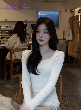 DearJune 韩国博主同款交叉假两件收腰系带针织上衣修身软糯温柔