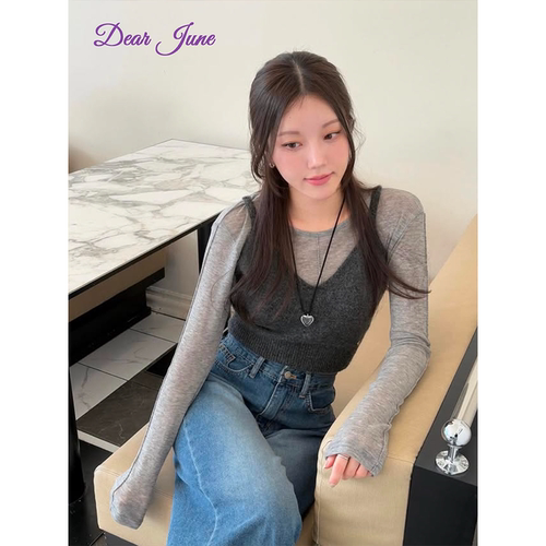 DearJune 韩系夏季新款纯欲风性感辣妹灰色吊带背心女上衣