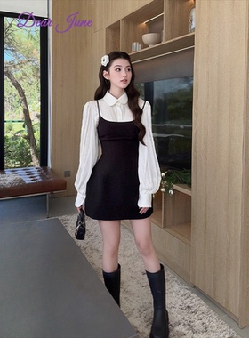 DearJune 法式千金感白色灯笼袖衬衫吊带收腰连衣裙套装气质优雅