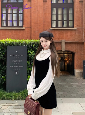 DearJune 法式气质千金感收腰小黑裙娃娃领内搭套装高级优雅chic