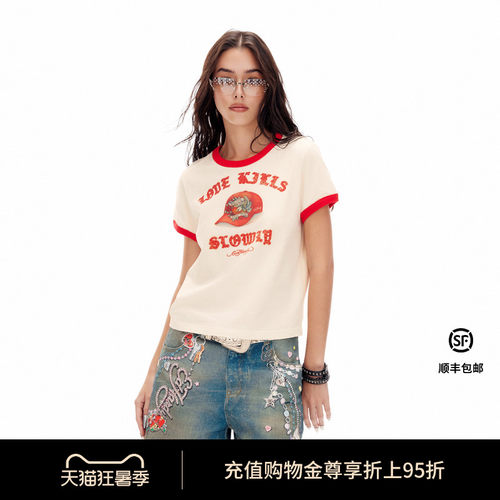 Ed Hardy埃德哈迪2026夏季新款女士撞色烫钻宽松短袖T恤E1SBW243