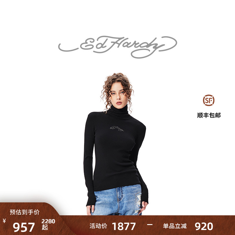 Ed Hardy埃德哈迪冬季新款经典烫钻高领修身长袖女士针织衫