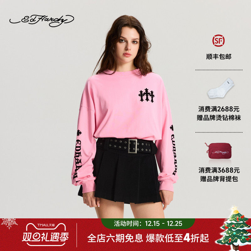 Ed Hardy埃德哈迪2025冬季新款女士植绒印花烫钻长袖T恤E1RCW516