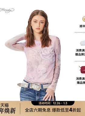 Ed Hardy埃德哈迪2025春季粉色数码印烫钻新款女士长袖T恤