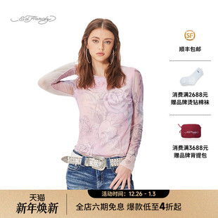 女士长袖 印烫钻新款 粉色数码 T恤 Hardy埃德哈迪2025春季