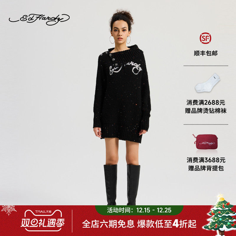 Ed Hardy埃德哈迪2025冬季新款女士斜肩宽松针织连衣裙E1RDW366