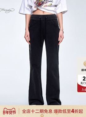 Ed Hardy埃德哈迪夏季流行新款黑色针织女士抽绳装腰喇叭长裤