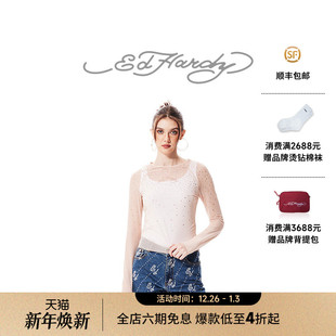 圆领紧身网眼烫钻女士长袖 新款 T恤 Hardy埃德哈迪秋季