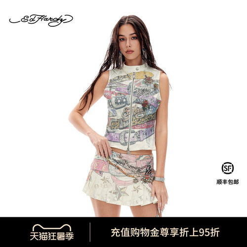 Ed Hardy埃德哈迪2026夏季新款女士数码印烫钻牛仔马甲E1SBW235