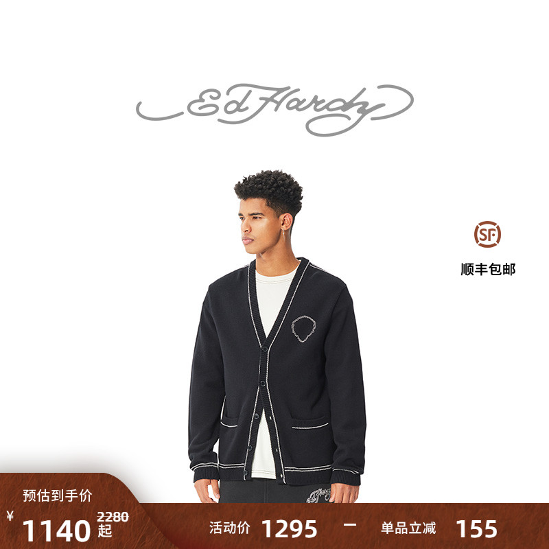 Ed Hardy埃德哈迪男士美式复古针织衫潮牌V领开衫百搭纯棉外套