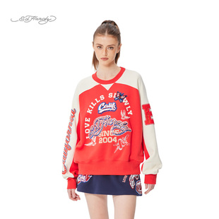 美式 拔印烫钻女士套头衫 新款 复古卫衣 Hardy埃德哈迪春季