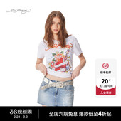 女士短袖 流行白色合身水浆印烫钻新款 T恤 Hardy埃德哈迪春季