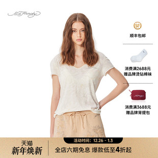短袖 烫钻女士V领正肩修身 新款 T恤 Hardy埃德哈迪2025春季