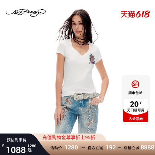 Ed Hardy埃德哈迪2026夏季新款女士烫钻V领百搭短袖T恤E1SBW229