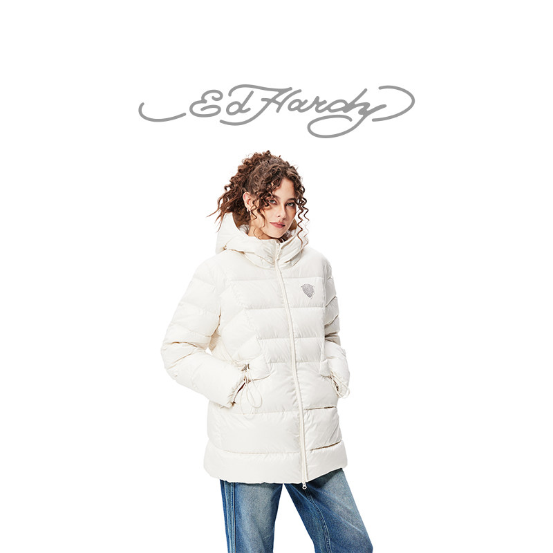 Ed Hardy埃德哈迪冬季新款女士羽绒服白鸭绒收腰保暖中长外套