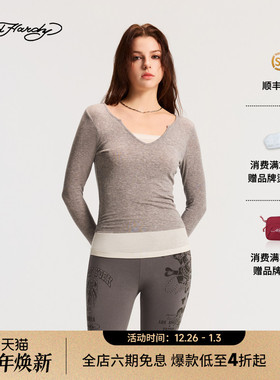 Ed Hardy埃德哈迪2026春季新款女士假两件v领烫珠长袖T恤E1SAW203