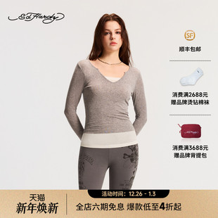 女士假两件v领烫珠长袖 新款 T恤E1SAW203 Hardy埃德哈迪2026春季