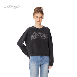 美式 烫钻水洗女士套头衫 流行新款 百搭卫衣 Hardy埃德哈迪春季