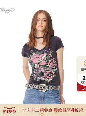 Ed Hardy埃德哈迪春季流行新款拔印烫钻女士黑色合身短袖T恤