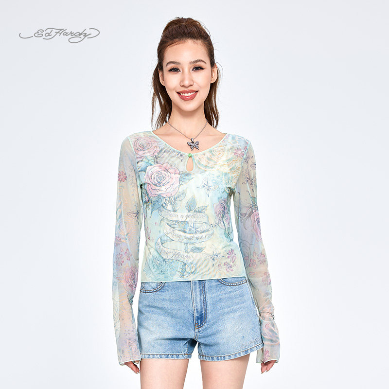 EdHardy女士橄榄绿长袖T恤