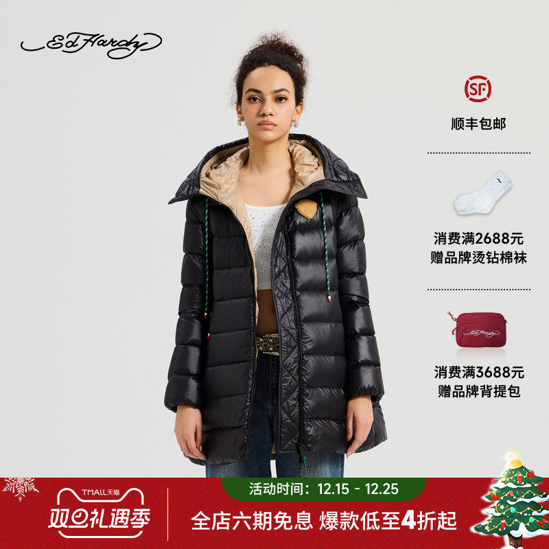 Ed Hardy埃德哈迪2025冬季新款女士紧身中长款羽绒服E1RDW387