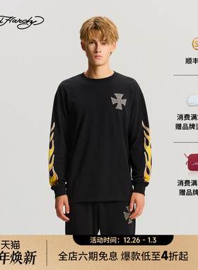 Ed Hardy埃德哈迪2025冬季新款男士宽松拔印水洗长袖T恤E1RDM076